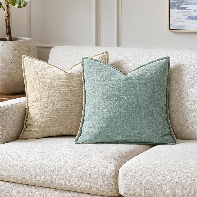 MIULEE Pack of 2 Summer Throw Pillow Covers 18x18 Inch Coastal Light Blue Farmhouse Cottage Decorative Pillow Covers Stitched Edge Soft Chenille Pillow Covers for Couch Sofa Bed Living Room,Aqua Haze