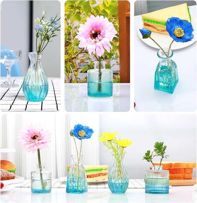 Mapoxy Glass Bud Vases Set of 4,Blue Small Flower Vases for Wedding Centerpiece Table Decorations,Clear Vintage Embossed Mini Vases,Flower Arrangements in Vases for Party or Home Decor