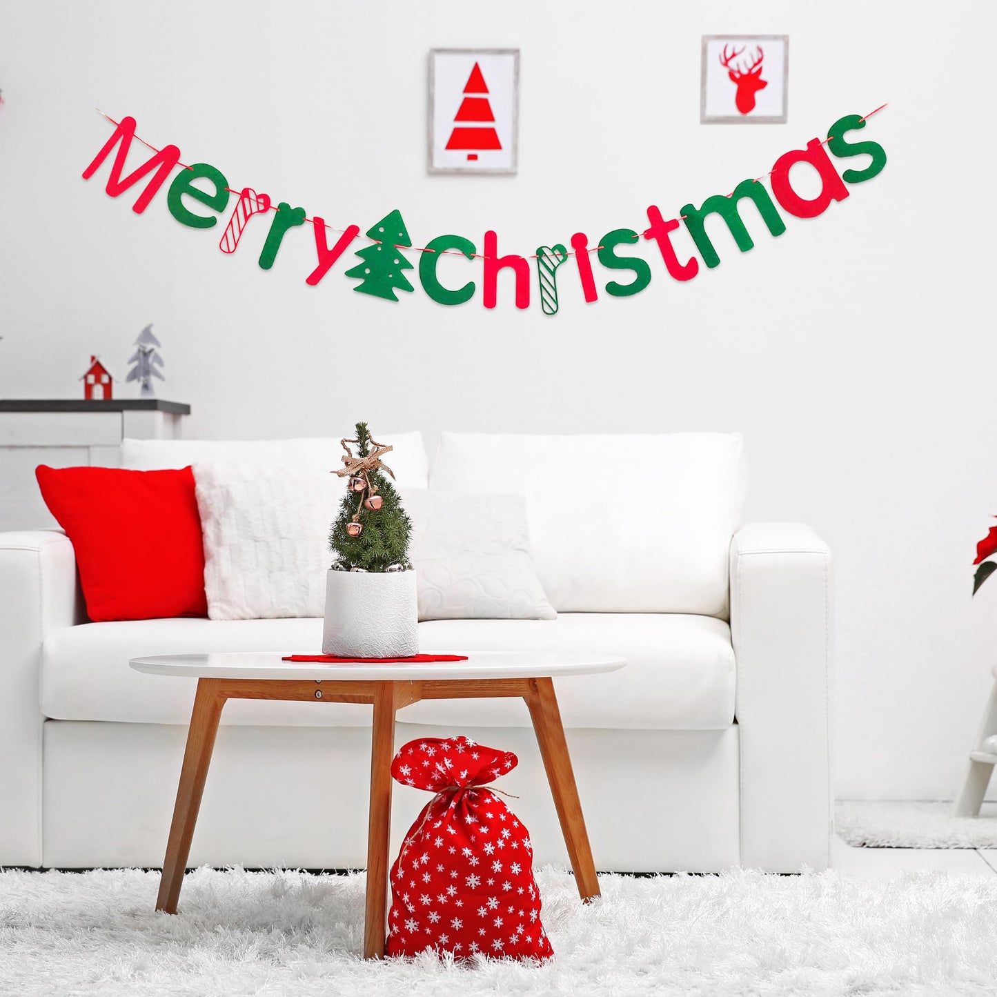 JSDJ Merry Christmas Banner with Christmas Tree Red Green Wool Felt Garland Happy Holiday Decoration Indoor Cute Hanging Decor for Mantel Fireplace Wall, Kids Bedroom, Living Room,Party Supplies