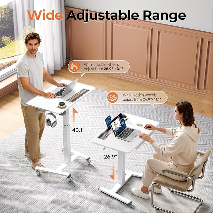Mobile Standing Desk with Drawer, 32" Rolling Desk with Cup Holder and Hooks, Portable Laptop Cart on Wheels, Height Adjustable Workstation with Storage for Home Office, White