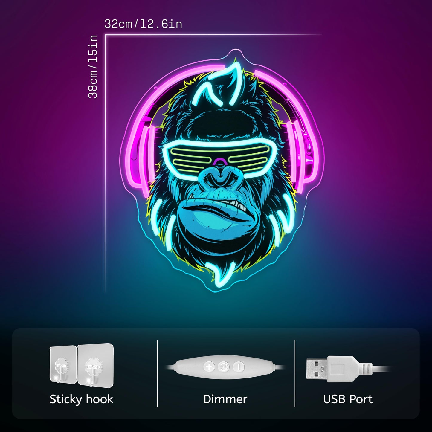 zidoni Headphones Gorilla Neon Sign Dimmable Kong Led Neon Light for Wall Decor,Game Room,Man Cave,Home Party Bar Decor,USB Powered Led Sign