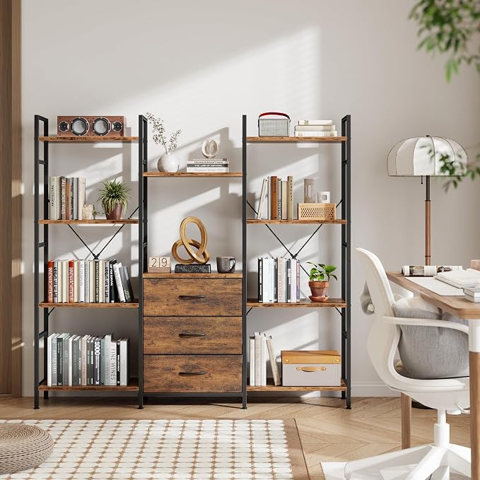 AFLUI Triple Bookshelf with 3 Fabric Drawers, 4-Tier Book Shelf and 10 Display Shelves, Industrial Large Bookcase for Home & Office, Rustic Brown, 59'' Wide