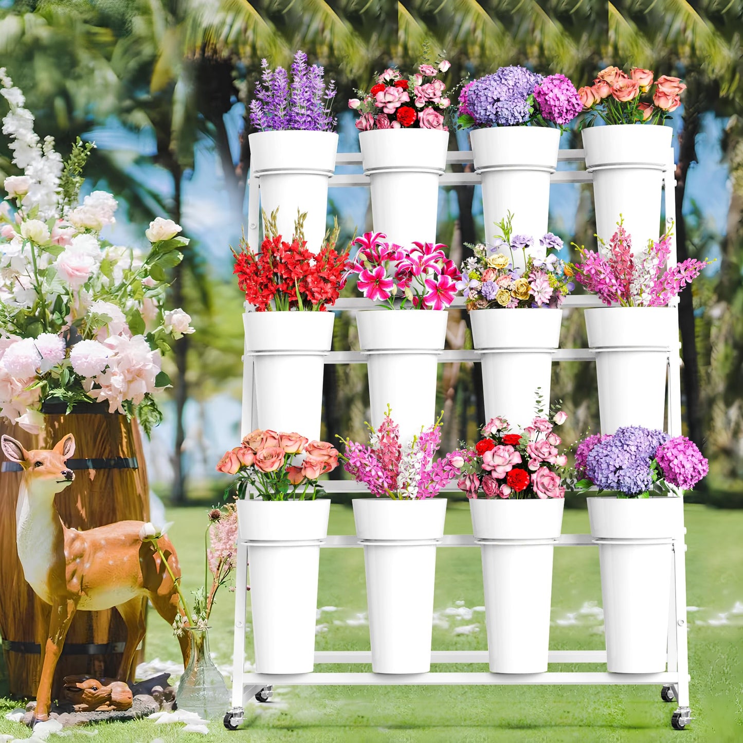 Asee'm Flower Display Stand with Buckets, 3 Layer Metal Flower Bar Stand, Heavy Duty Flowers Cart Display with Wheels Moving Plant Bouquet Shelf for Indoor Outdoor Patio Decor Terrace Wedding White