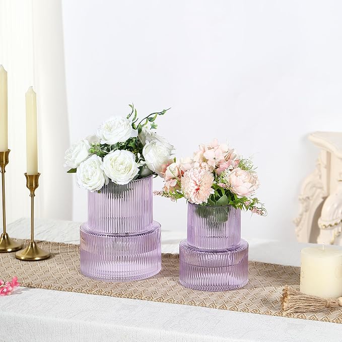 Ribbed Glass Vases for Bouquet, Set of 2 Purple Vases for Flowers, Purple Glass Vase for Tulips, Modern Vase for Living Room, Office, Coffe Table, Dining Table, Shelf, Wedding