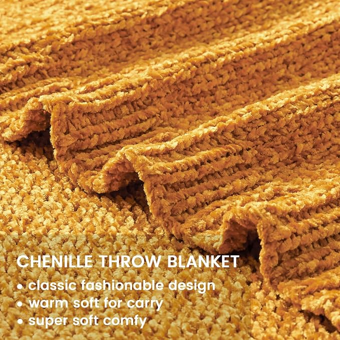 BOURINA Chenille Throw Blanket for Couch Sofa Chair Bed Home Decoration, Soft Warm Cozy Blanket for All Season（50" x 60", Yellow）