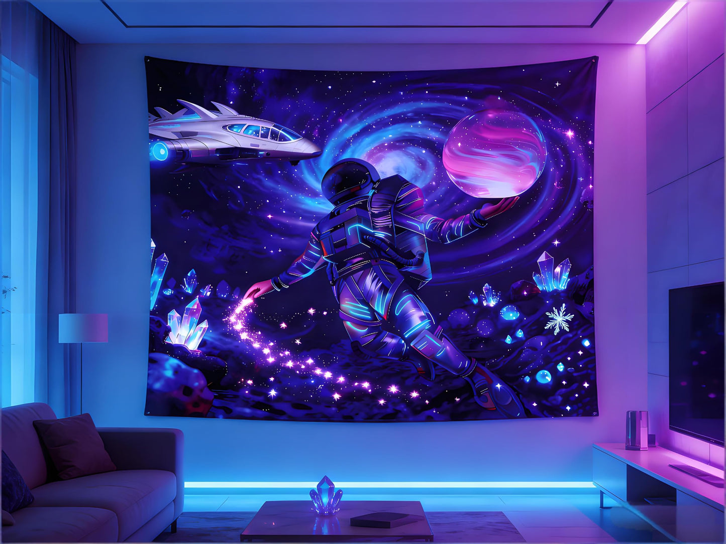Kosydown Basic Astronaut Space Tapestry Glow in the Dark Room Decor Wall Tapestries, Cool Galaxy Planet Wall Hanging for Men Guys Gamer Room Dorm Living Room 50" L x 40" W