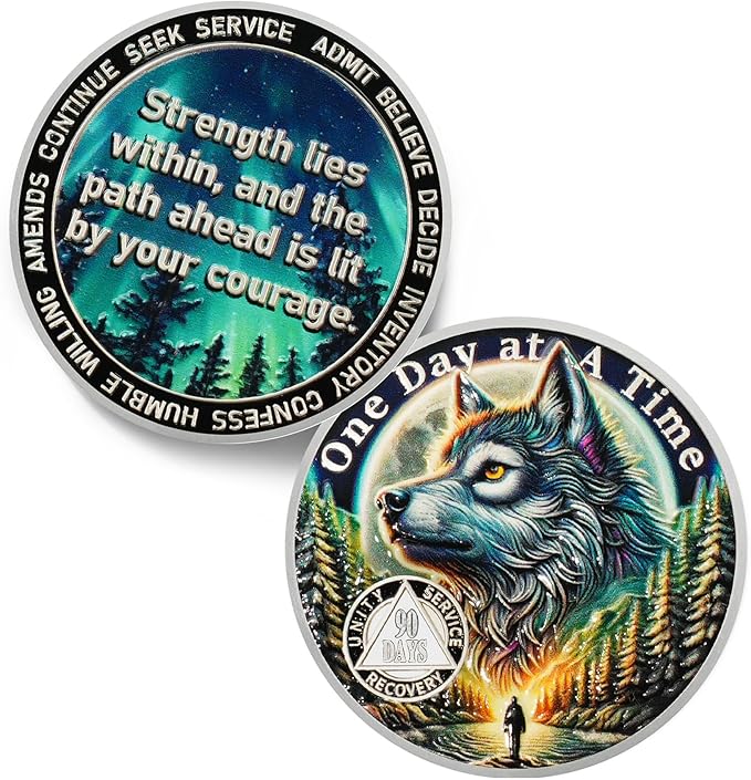 One Day at a Time 90 Day Sobriety Coin - Recovery Aurora Forest Wolf AA Coins - Addiction NA AA Chips and Medallions - Celebrate 1-30 Living Clean Sober Alcoholics Anonymous Gifts for Men Women