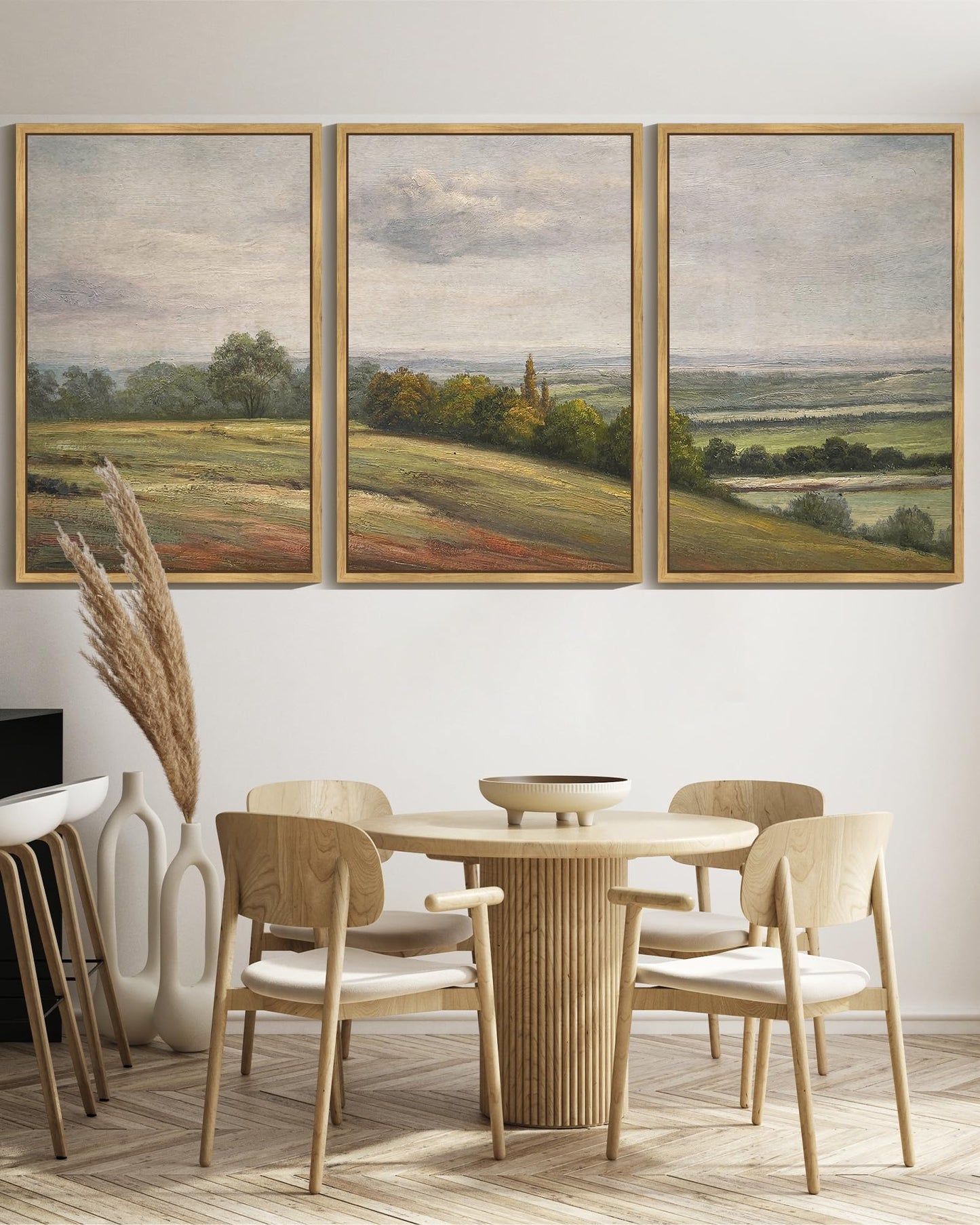 SHENIFY Extra Large Vintage Framed Wall Art White Clouds Over Vast Grassland Landscape Painting Retro Meadow Scenery Farmhouse Bedroom Above of Bed Living Room Deco - 24x36in3pcs Natural Framedr