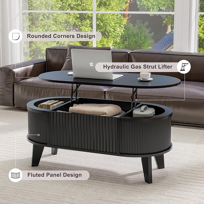 LYNCOHOME Fluted Lift Top Coffee Table with Storage,Modern Oval Coffee Table for Living Room or Home Office(Black)