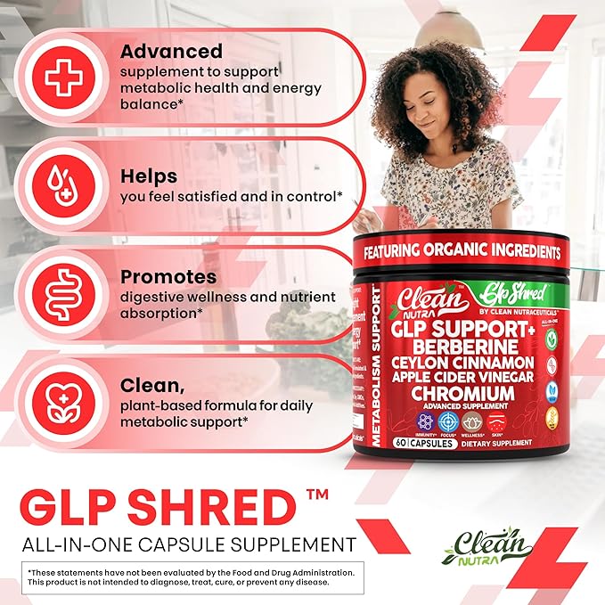 GLP1 Supplement Berberine Ceylon Cinnamon Apple Cider Vinegar Chromium Turmeric PCOS Supplements Immunity & Metabolism Support 60 Vegan Capsules by Clean Nutra