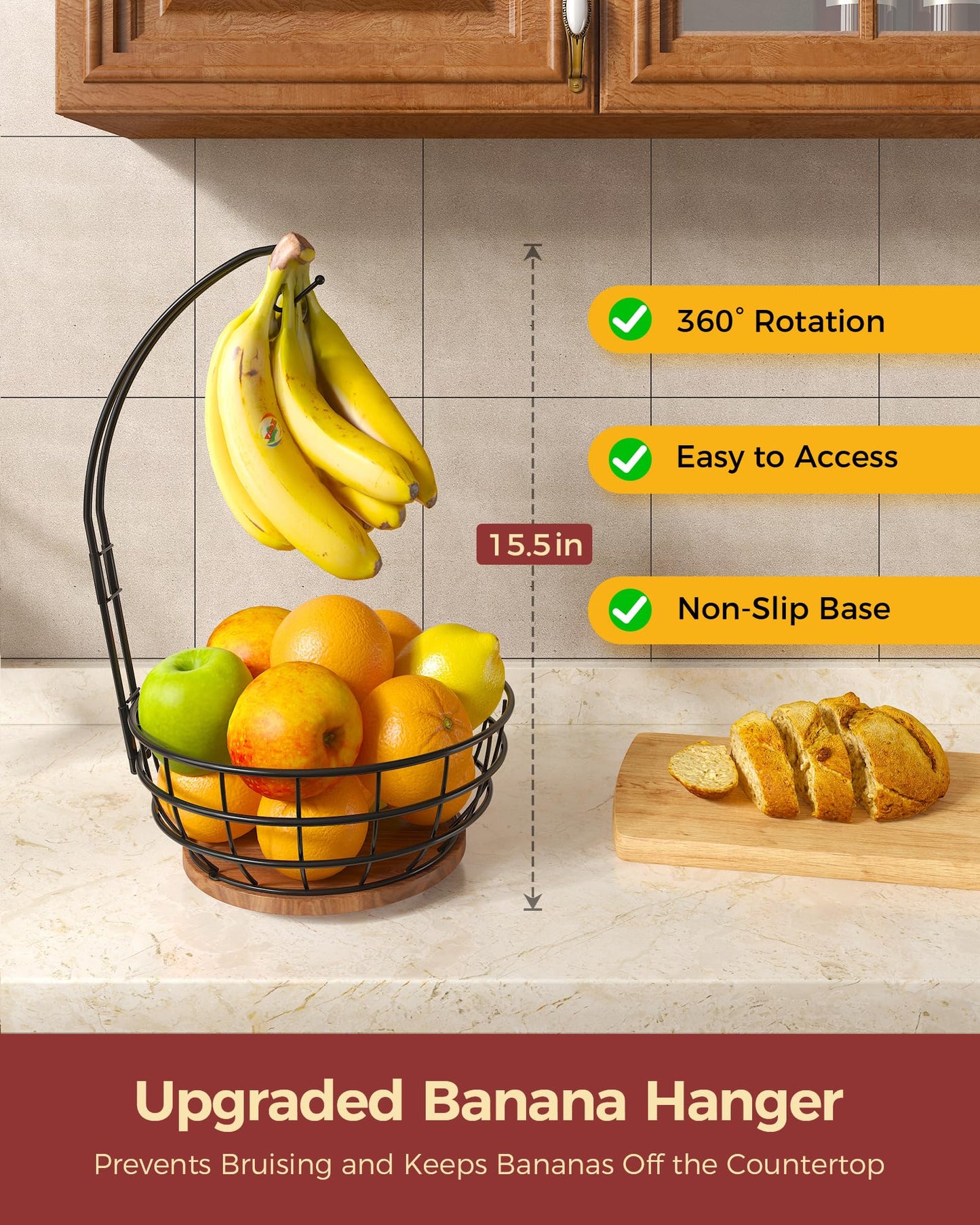 Sevenblue 360°Rotating Fruit Basket for Kitchen Counter with Upgraded Banana Hanger, 2026 Pro Metal Countertop Fruit and Vegetable Basket Bowl Storage with Wooden Non-Slip Base, Black
