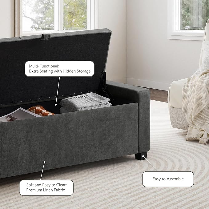 GRAINELL Storage Ottoman Bench, Upholstered Tufted Bedroom Bench with Storage, End of Bed Storage Bench for Living Room & Entryway, 350 lb Capacity, Linen Dark Gray