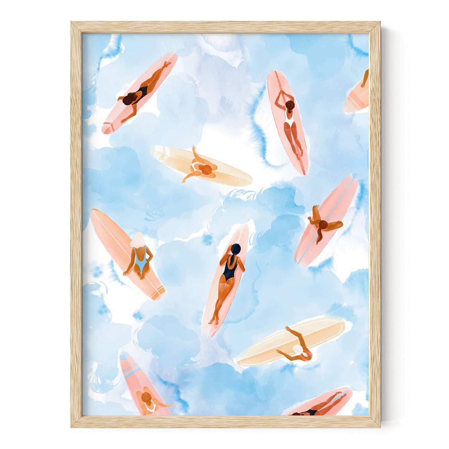 HAUS AND HUES Surfing Beach Wall Art - Watercolor Surfboard Print, Coastal Room Decor (Beige Frame, 12x16)