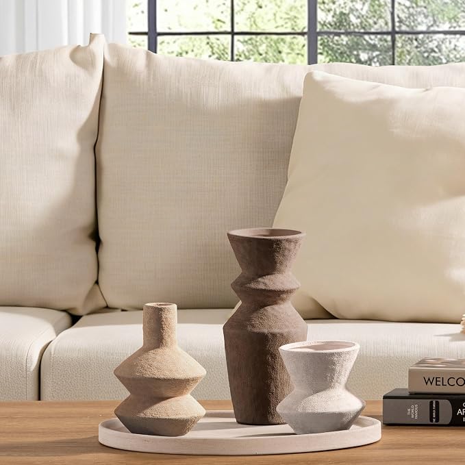 Ceramic Vase Home Table Decor - Flower Vase Set of 3 Living Room Kitchen Decorations Farmhouse Modern Rustic Vases Decorative Centerpiece for Shelf Bedroom Office Bathroom Dining Coffee Desk