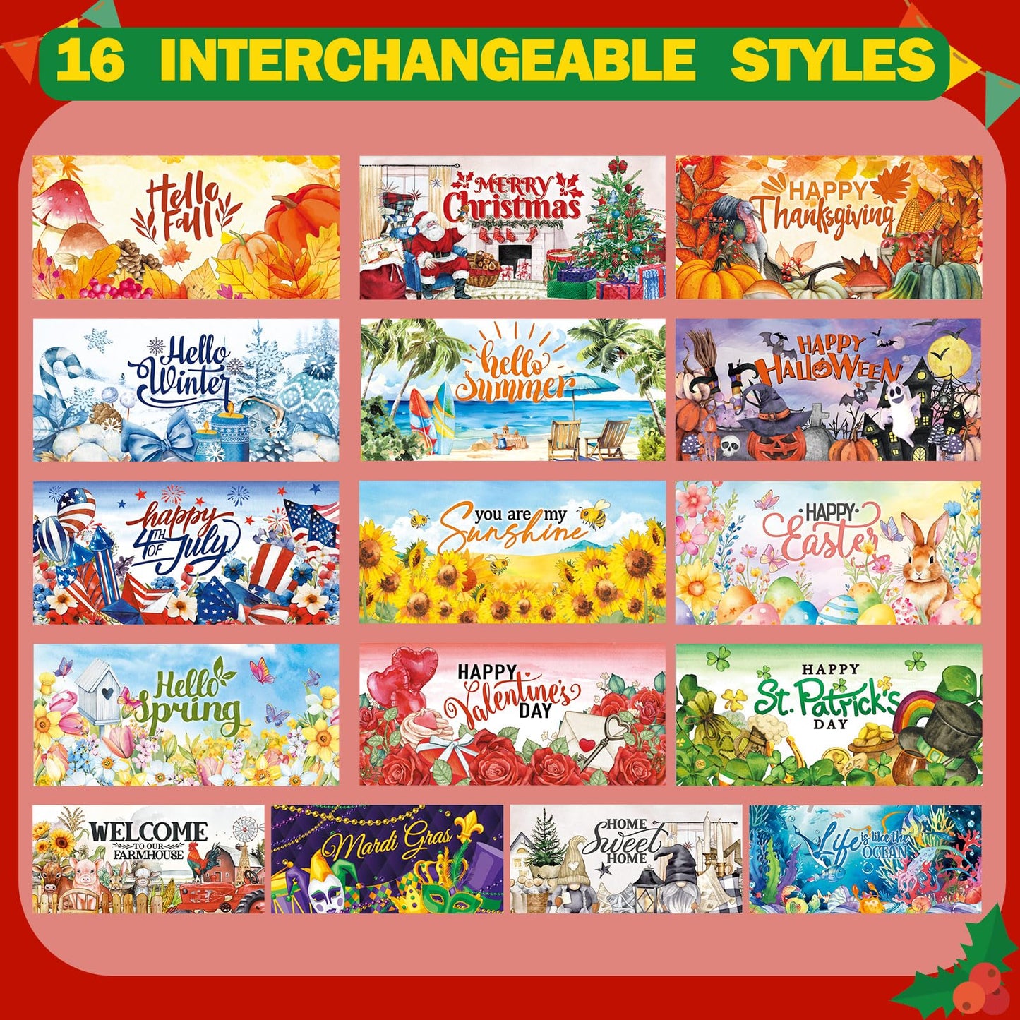 Yuefunny 17 Pcs Interchangeable Holiday Season Sign Fall Thanksgiving Christmas Winter Night Light Shadow Box LED Welcome Wood Sign for Table Decorative Wooden Seasonal Decorations Ornament Gifts