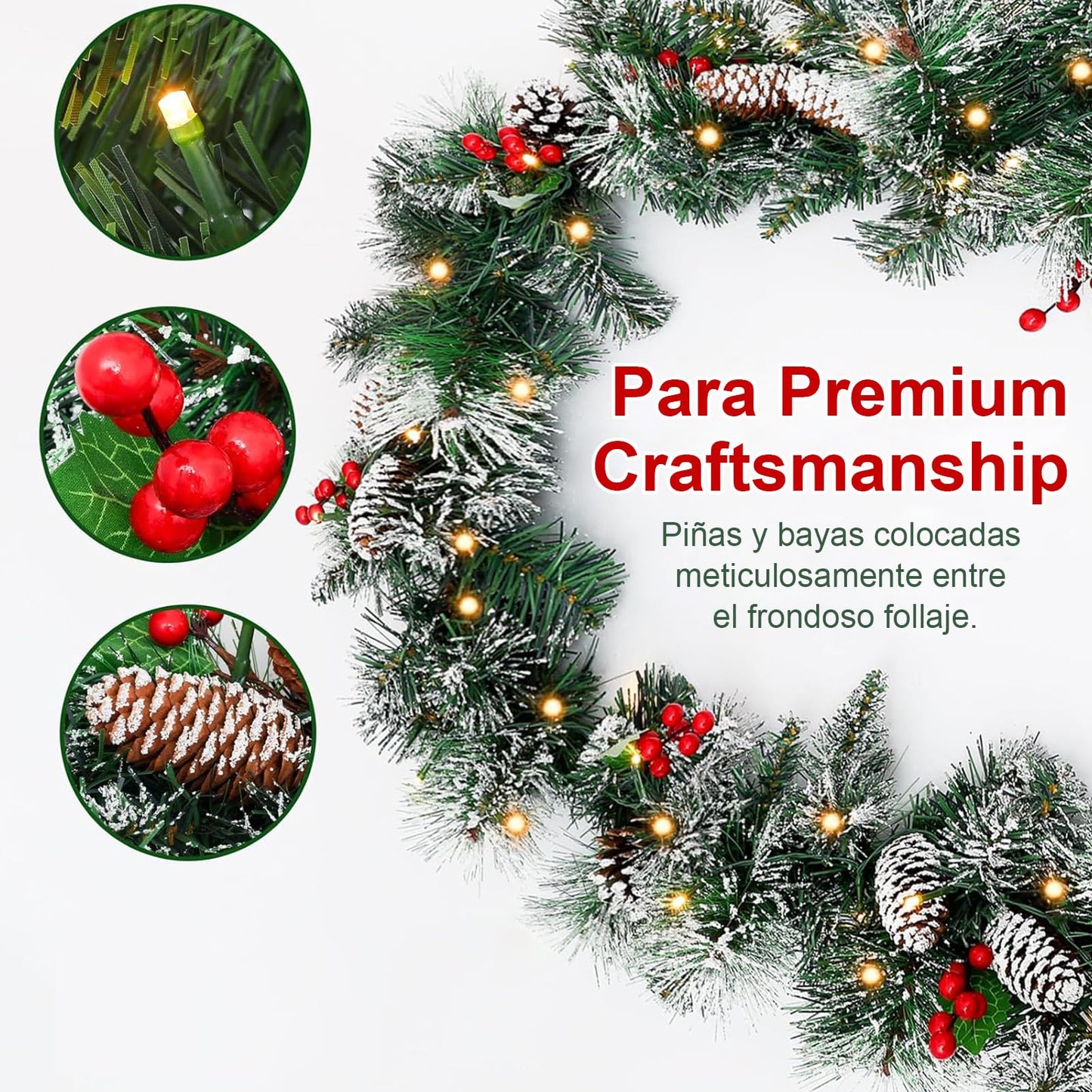 Christmas Garland with Lights - 9FT Pre-Lit Flocked Garland with 50 LED Bulbs, Red Berries, Pine Cones, Artificial Pine Battery Operated Garland for Fireplace, Staircase, Indoor & Outdoor Decoration
