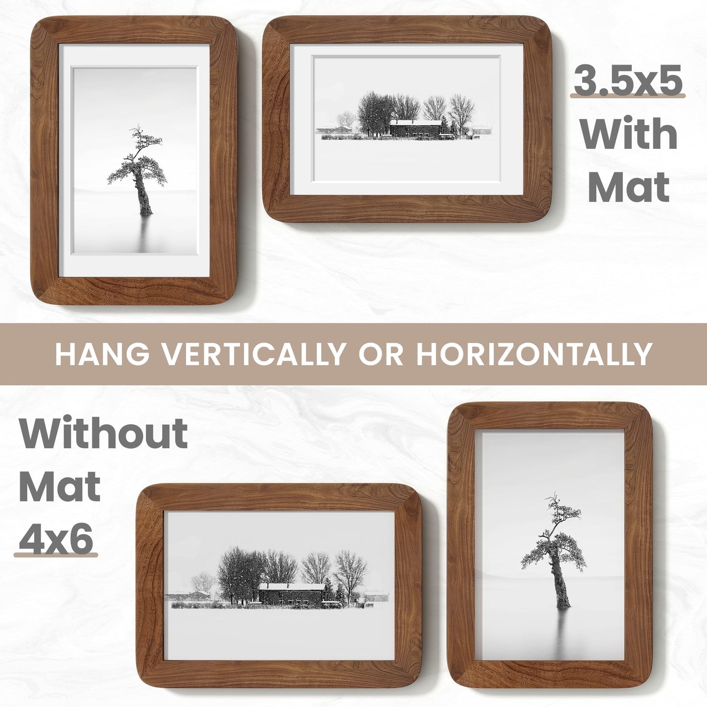Dreamland 4x6 Picture Frame with Mat for 3.5x5, USA-Sourced Natural Walnut Wood Photo Frames with Resistant Plexiglass, 4 x 6 Handcrafted Round Corner Wooden Frame for Gallery Art Prints or Home Decor