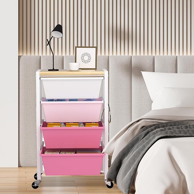 Rolling Cart with Drawers, Rolling Storage Cart with Large Plastic Drawers & Wooden Tabletop, Utility Cart with Pegboards & Basket, Storage Drawers Cart for Living Room, Classroom, Bedroom, Office