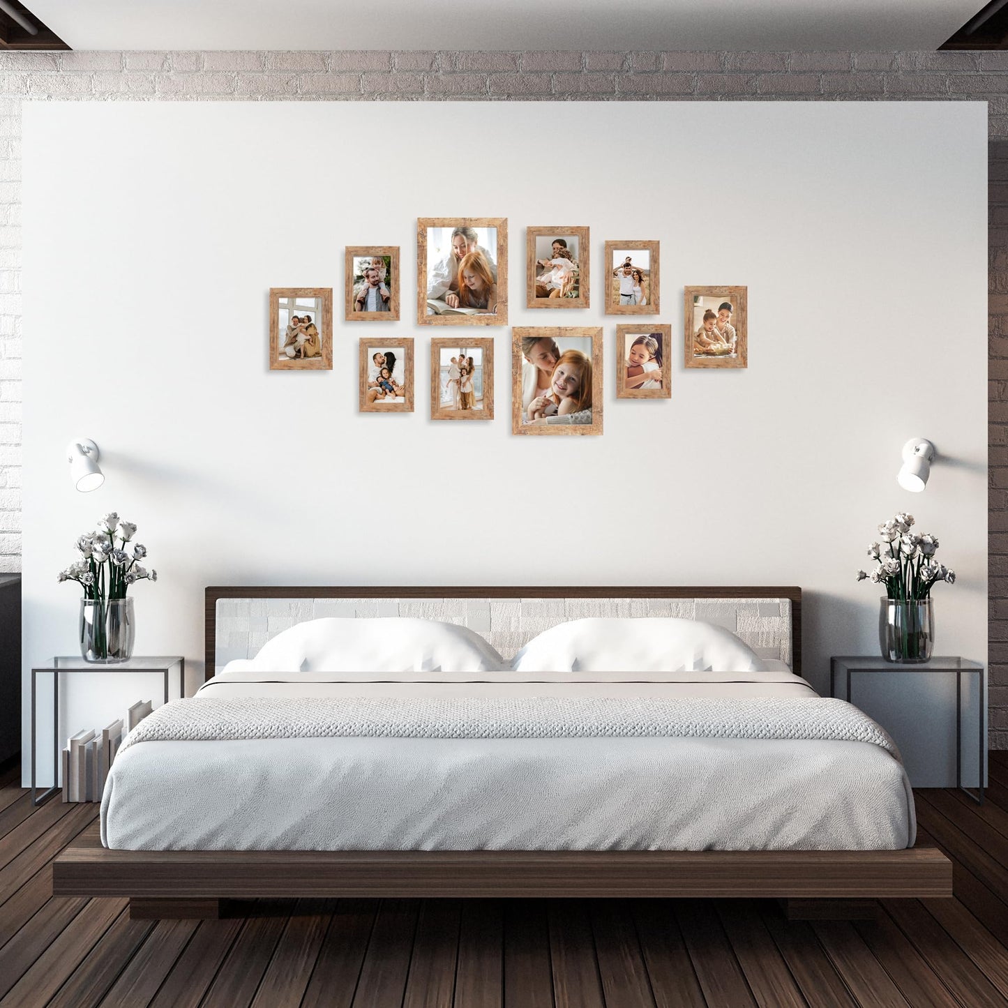 iRahmen Collage Picture Frames Set of 10, Wall Decor for Mounting or Tabletop Display, Family Photo Gallery Frame Set - Multi Sizes Including Two 8x10, Four 5x7, Four 4x6, HD Glass, Rustic Wood