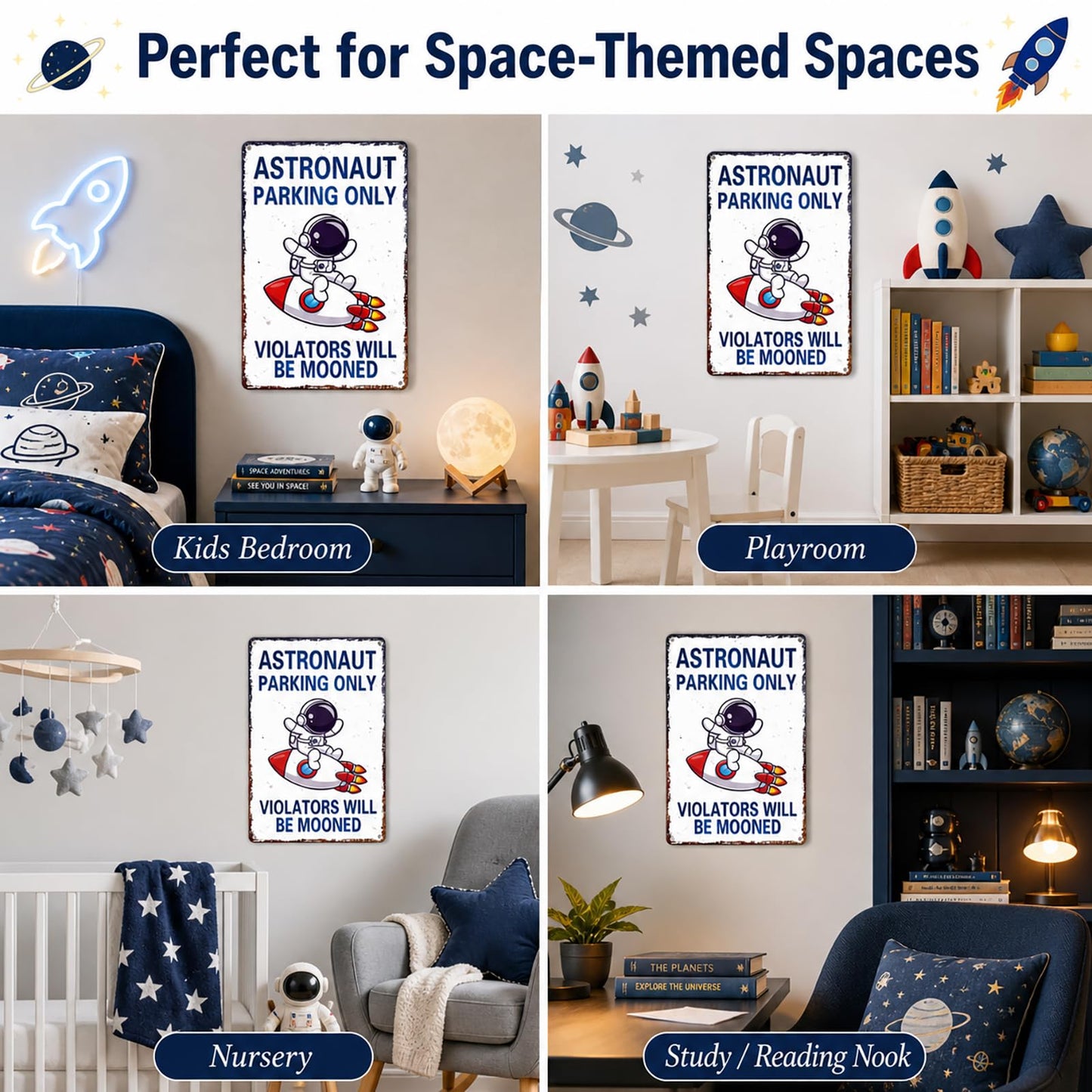 Perfect Space Gifts for Kids - Astronaut Parking Only Sign - Outer Space Themed Decor for Boys Room | Fun Space Poster for Kids Wall Art, 8 x 12 Inch (936)