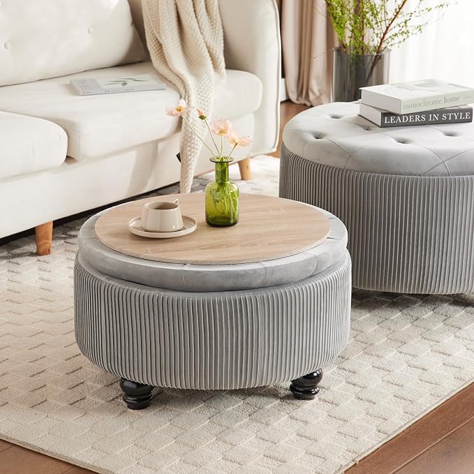 29&24.5inch Large Round Storage Ottoman Coffee Table Set of 2 Modern Button Storage Coffee Table with Removable Lid for Living Room Upholstered Footrest Stool for Bedroom (Large-Light Grey)