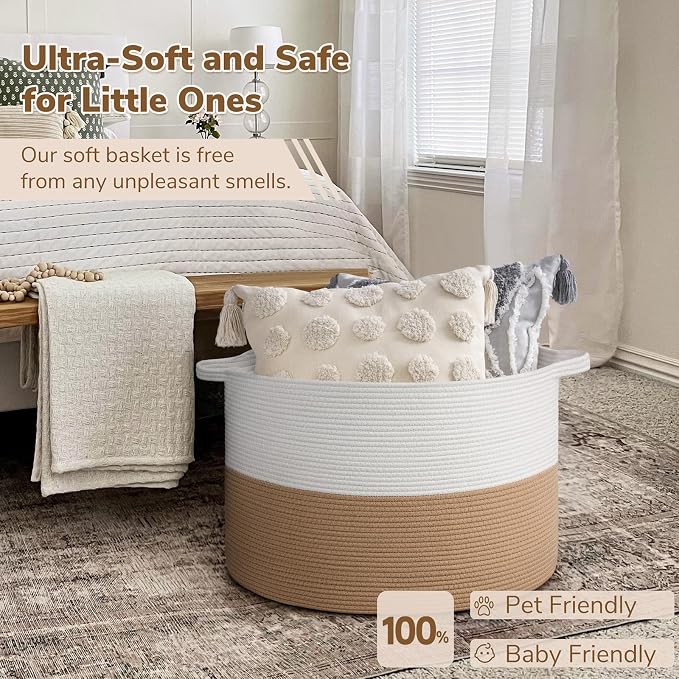 INDRESSME 115L Extra Large Jute Rope Basket, Blanket Basket Home Decor Baby Laundry Baskets for Toys Storage Bedroom, Living Room, Nursery, Boho Hamper for Colthes Towel, White & Camel