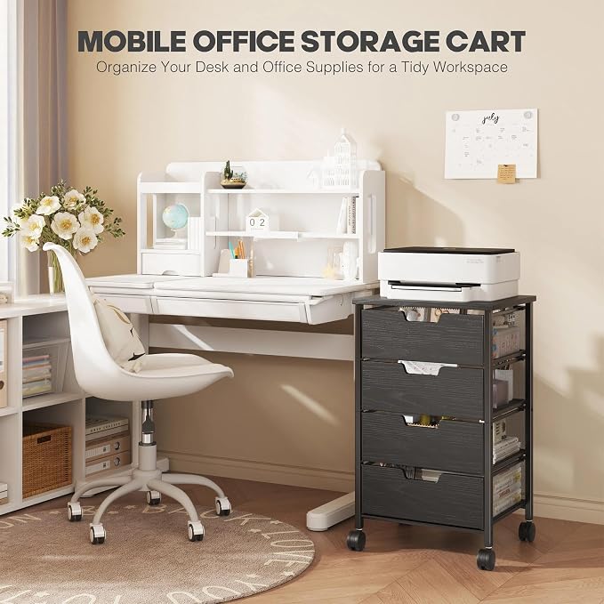 Rolling Cart with Drawers, Wooden Top and Front, with Wheels Metal Under Desk Storage Cart with 4 Drawers, for Office, Bedroom, Classroom, Home, Black