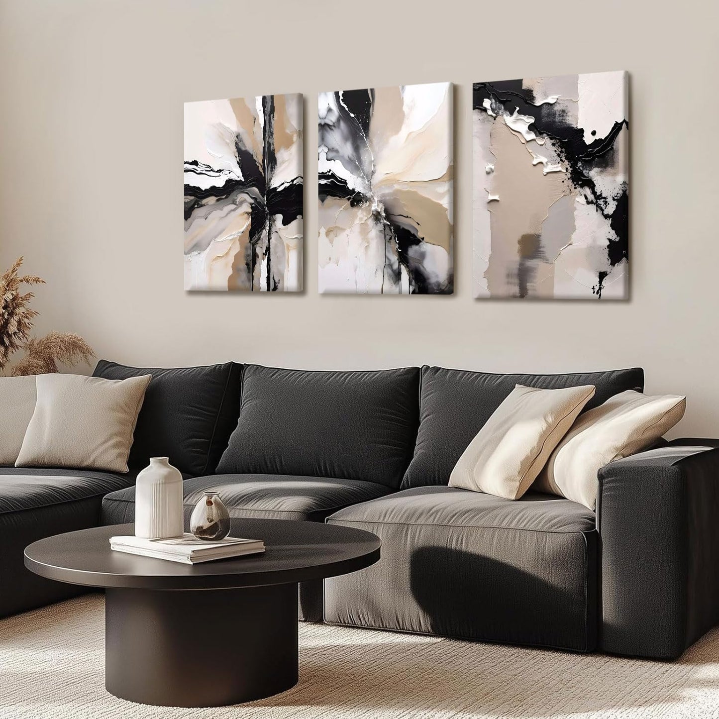 NCCXNCC 3 Pcs Abstract Canvas Wall Art in Black and Beige Modern Wall Decor Paintings Texture Posters Print Modern Geometric Pictures Artwork Suitable for Living Room Bedroom Home Office 12x16 inch