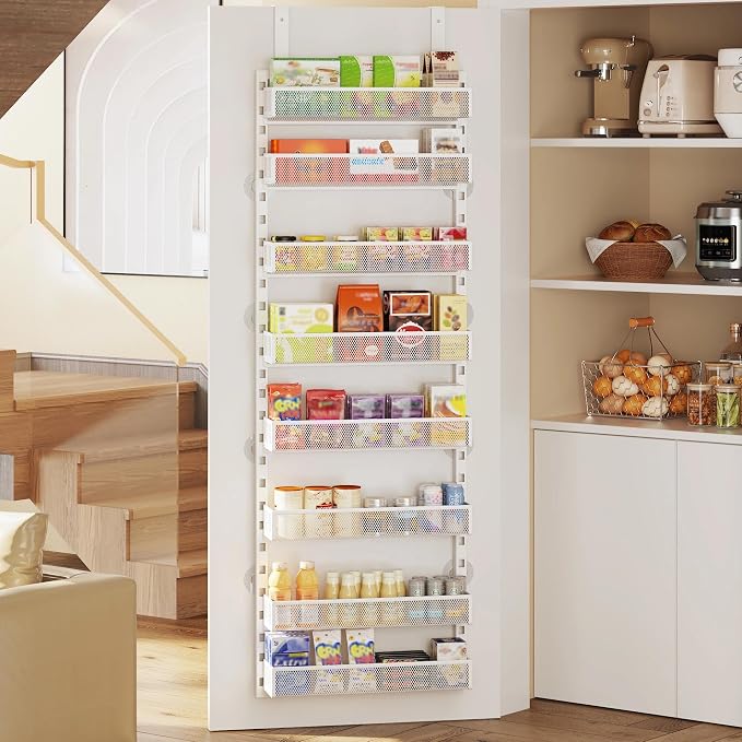 Over the Door Pantry Organizer, 8-Tier Over the Door Spice Rack with Adjustable Baskets, Wall-Mounted or Hanging Shelves for Kitchen, Laundry Room, Bathroom(White, 16.65"W x 5.2"D x 72.6"H)