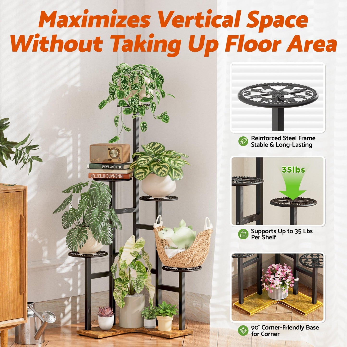 NQW 6 Tier Plant Stand Indoor Outdoor Metal Flower Pot Holder Shelf Tiered Planter Display Rack for Living Room Balcony Garden Patio