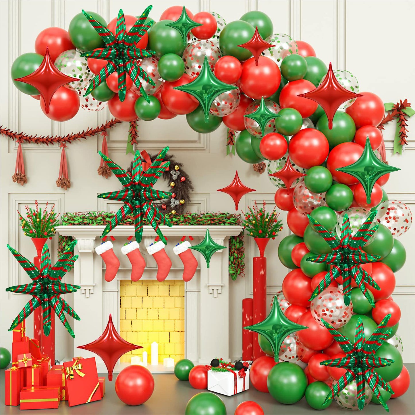 17PCS Christmas Foil Balloon Set, Including Popping Stars and Four Pointed Stars Balloons, Suitable for Christmas Party Decorations, Holiday Home and Event Supplies