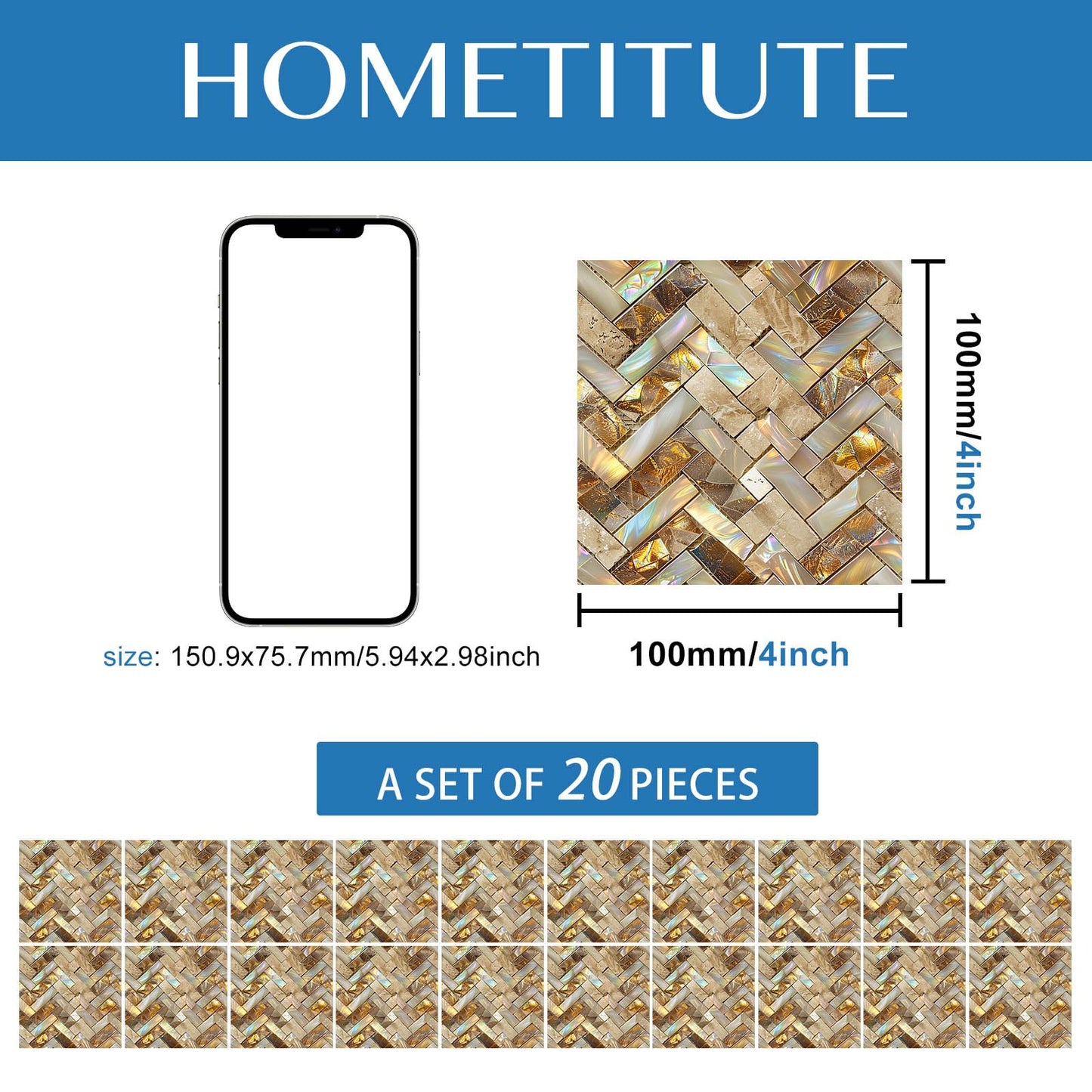 HOMETITUTE 20Pcs Gold Marble Mosaic Tile Stickers Peel and Stick Decorative Tiles Waterproof Removable Sticker Tiles Backsplash Decals for Kitchen Bathroom Stair Riser Wall Covering 4x4 Inch(not 3D)