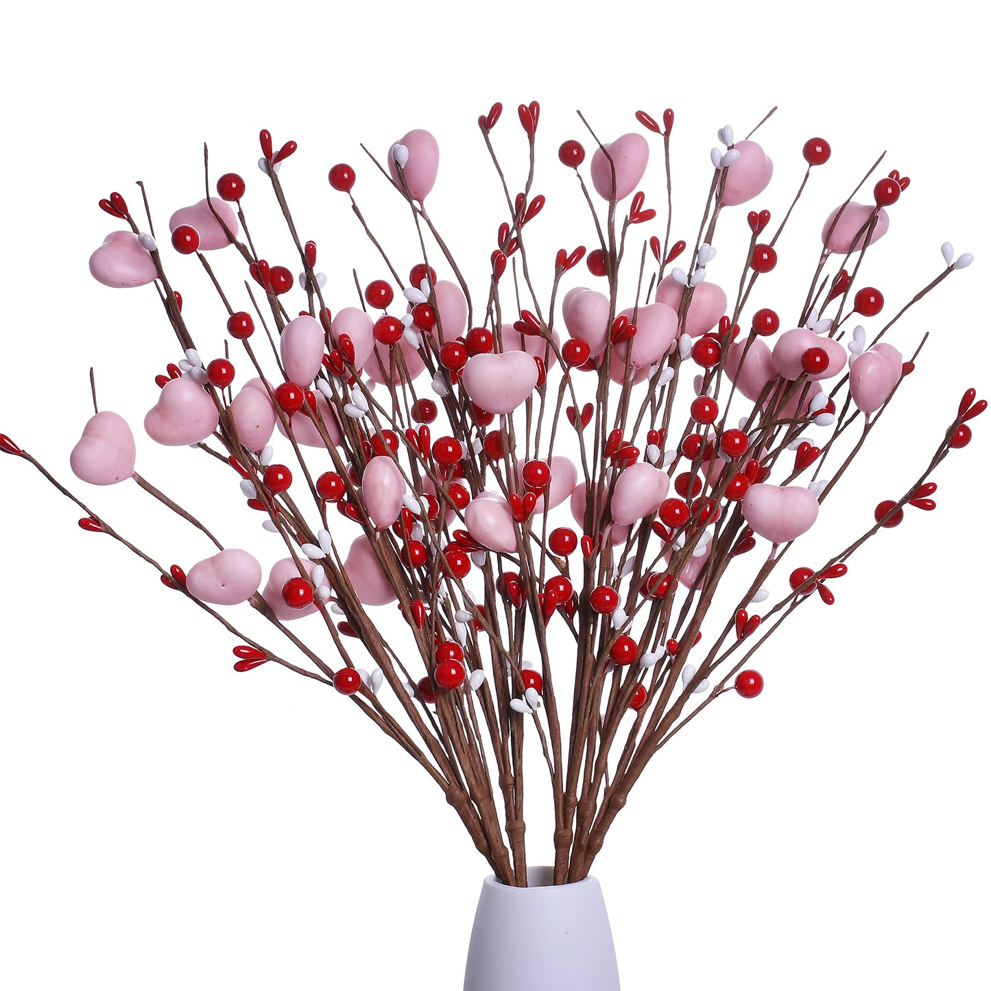 J'FLORU Valentine’s Day Decorations 6 Pack Valentines Day Picks Berry Stems with Pink Hearts for Valentine Decor Anniversary Wedding Decorations (Red/Pink)