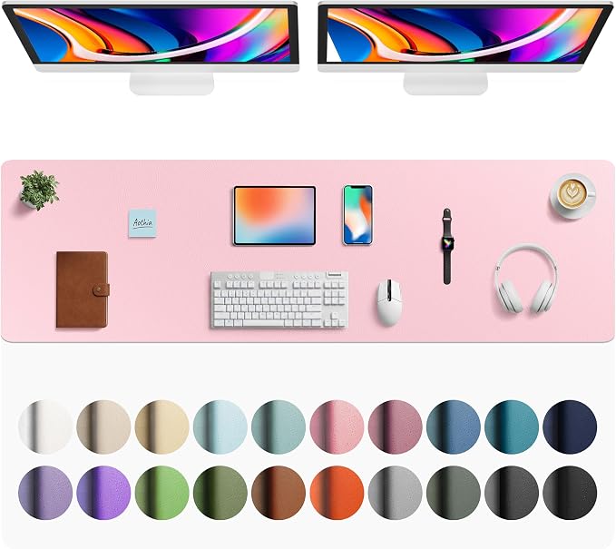 Aothia Faux Leather Desk Mat - Large Mouse Pad, Non-Slip PU Leather Blotter, Waterproof Writing Surface for Office and Home (Fairy Pink, 63" x 17")