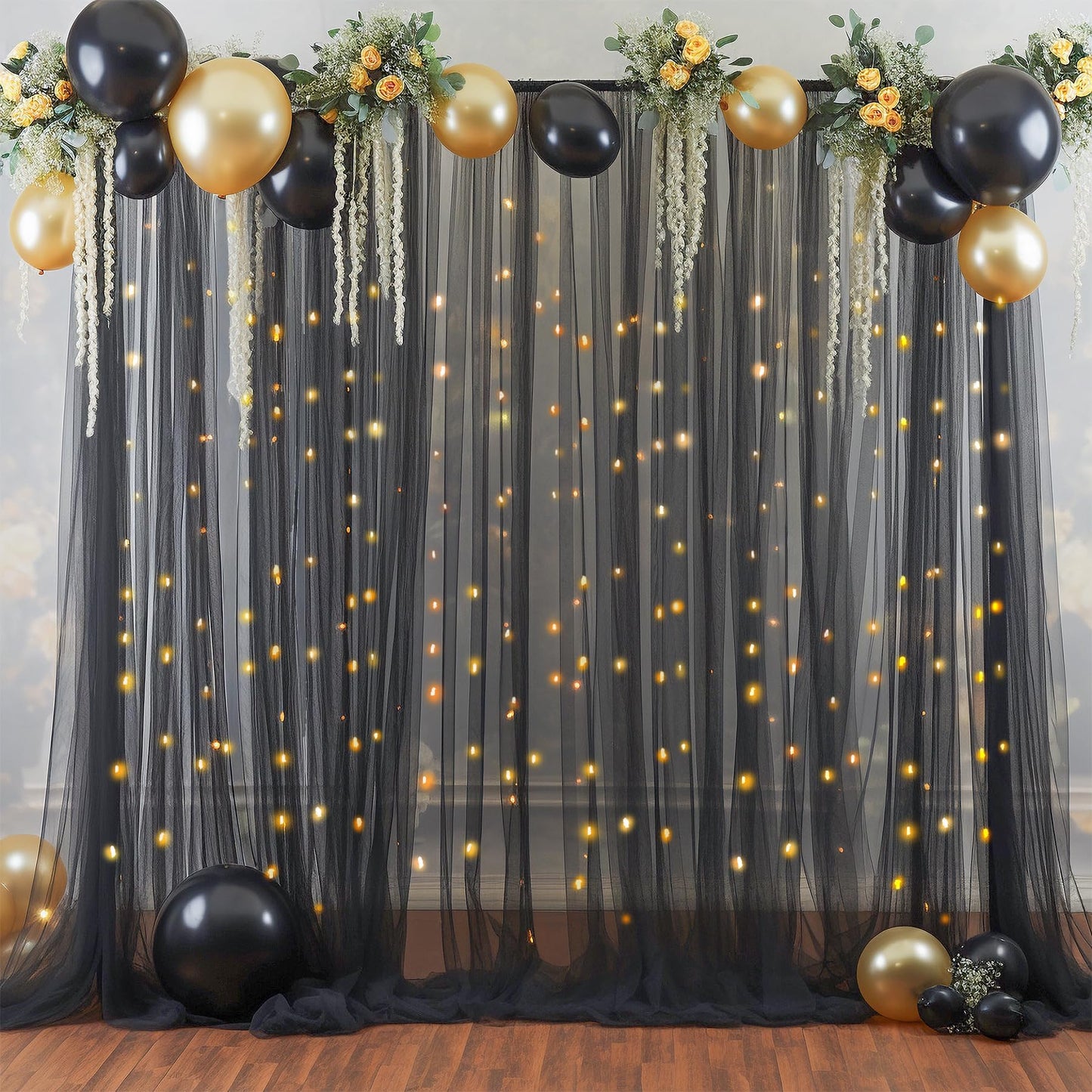 10×10ft Black Tulle Backdrop Curtain with Lights String for Parites, Sheer Photo Backdrop Curtains for Wedding Party Photography Background