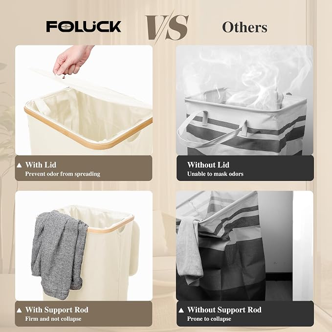 Foluck Large Laundry Hamper, 100L Waterproof Laundry Basket with Lid and Removable Bag, Collapsible Tall Clothes Hamper with Bamboo Handles for Clothes Toys in Dorm Bedroom Bathroom, Beige, ZYL101-W