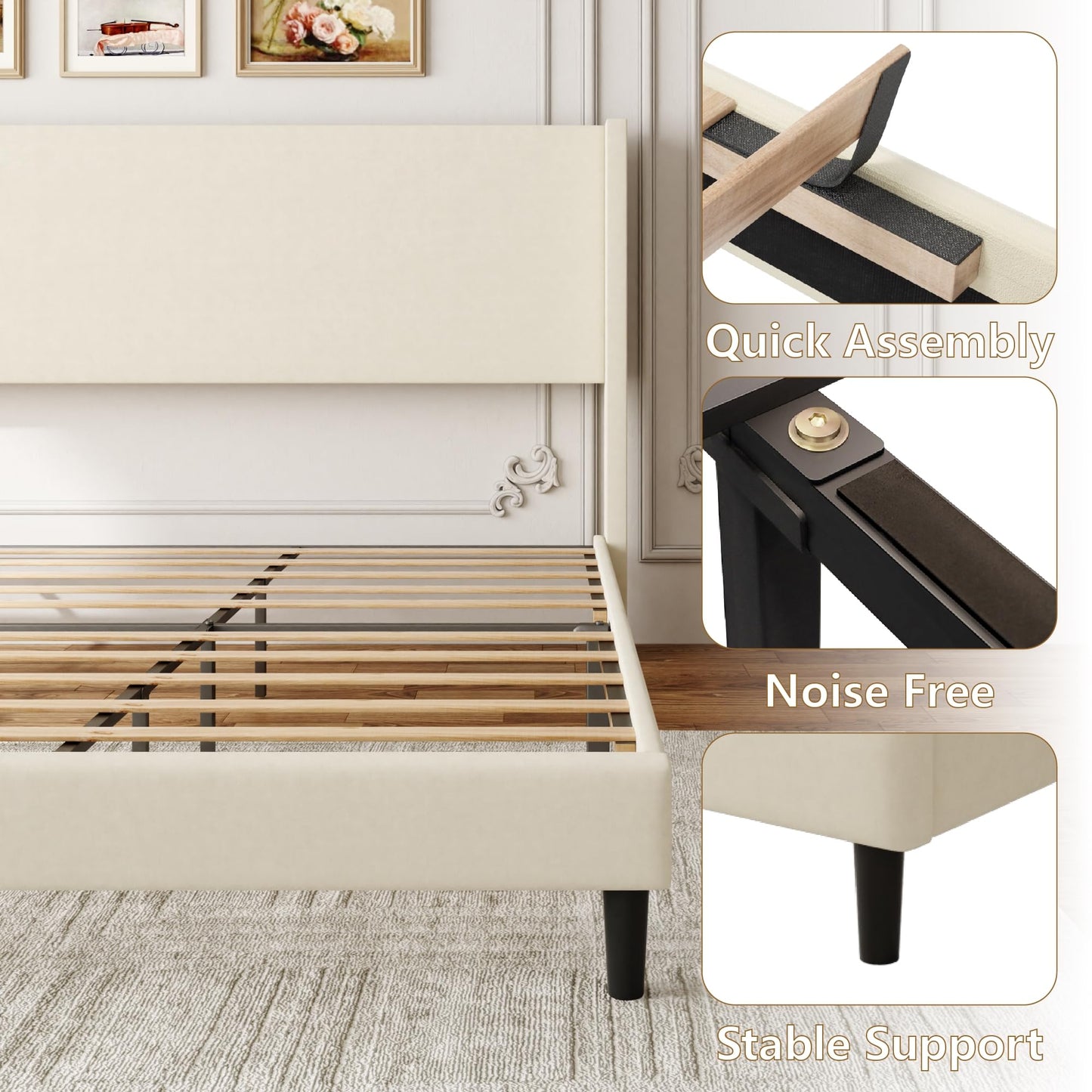 Sismplly Queen Bed Frame with Wingback Headboard, Velvet Upholstered Platform Bed with Wooden Slats, 6.46“ Under Bed Storage, Metal Support, Noise Free, No Box Spring Needed, Beige