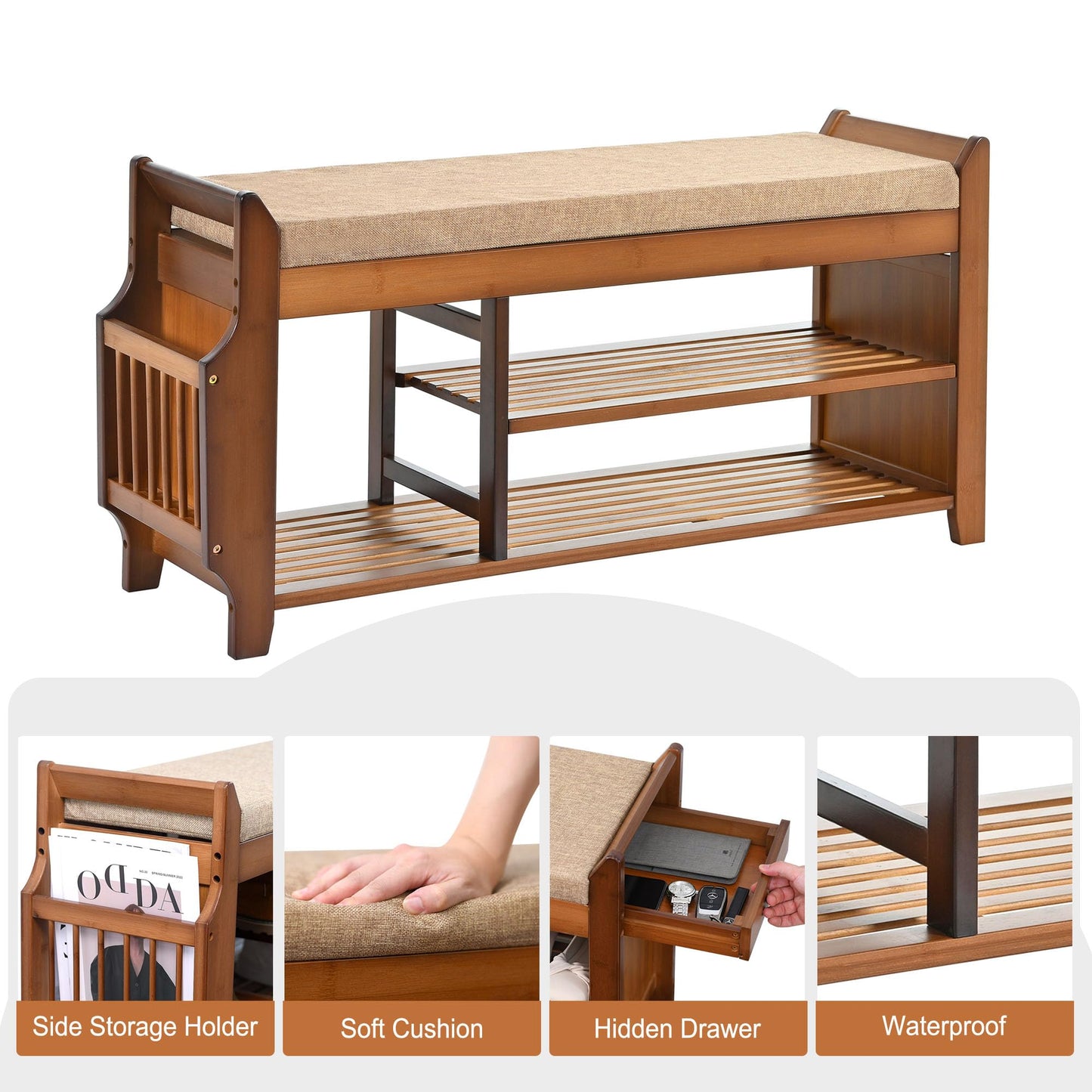 PETKABOO Shoe Bench with Hidden Drawer and Side Holder, 2 Tier Entryway Bench with Storage 39.4 in, Bamboo Shoe Rack with Cushion for Entryway Hallway Living Room Bedroom