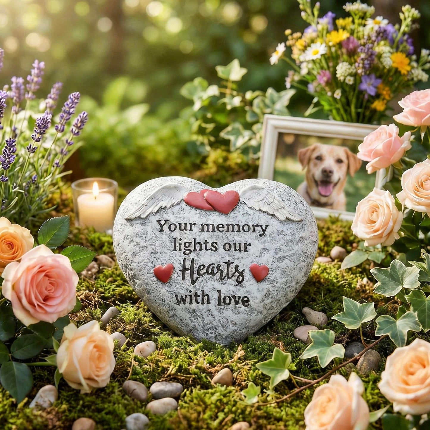 pechpell Memorial Garden Stones, Heart Shaped Resin Angel Wings Garden Stones In Memory of Loved Ones Remembrance Plaque, Bereavement Gift Outdoor Pet Cat Dog Funeral Grave Marker Cemetery Patio Decor