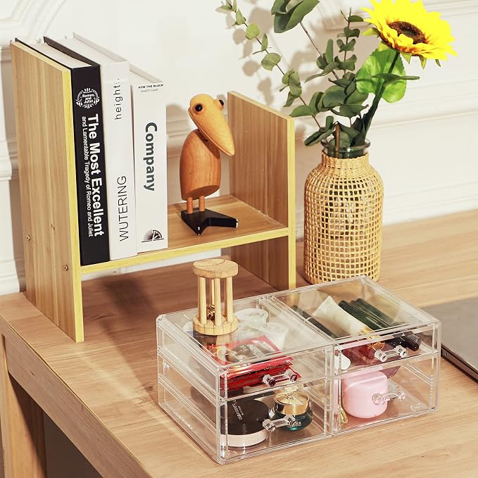 Acrylic Clear Makeup Organizers With 4 Drawers,Rectangular Office Stationery Supplies Plastic Storage Containers,Stackable Acrylic Drawers Suitable for Office,School,Home Cute Desk Organizer,Pack of 1