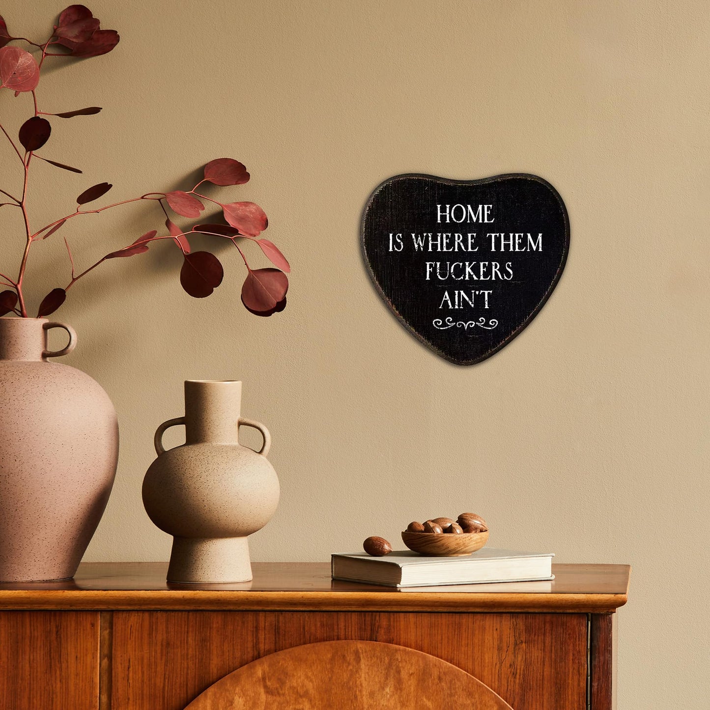 Funny Gothic Wall Decor - Home Is Where The Fuckers Ain't Black Wood Heart Wall Art Decor - Black Humor Goth Home Deco For Bedroom, Bathroom, Kitchen, Goth Gift For Women Men(6 X 5.5 Inch)-A01