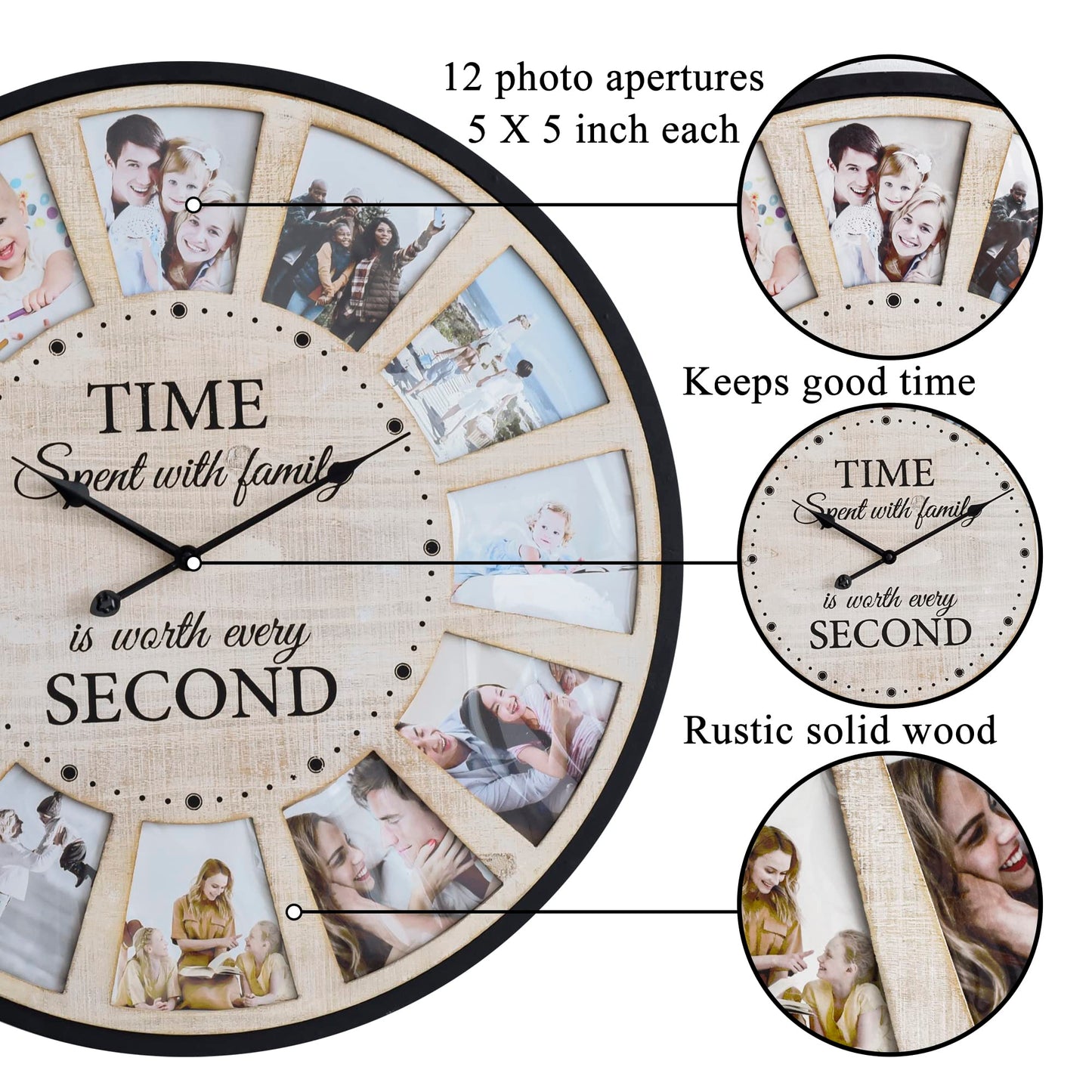 JUMBO HUMBLE 12 Photo Collage Rustic Wood Farmhouse Wall Clock, Large Family Picture Wall Clock for Living Room, Home, Kitchen, Silent Battery Powered 24 Inch Natural