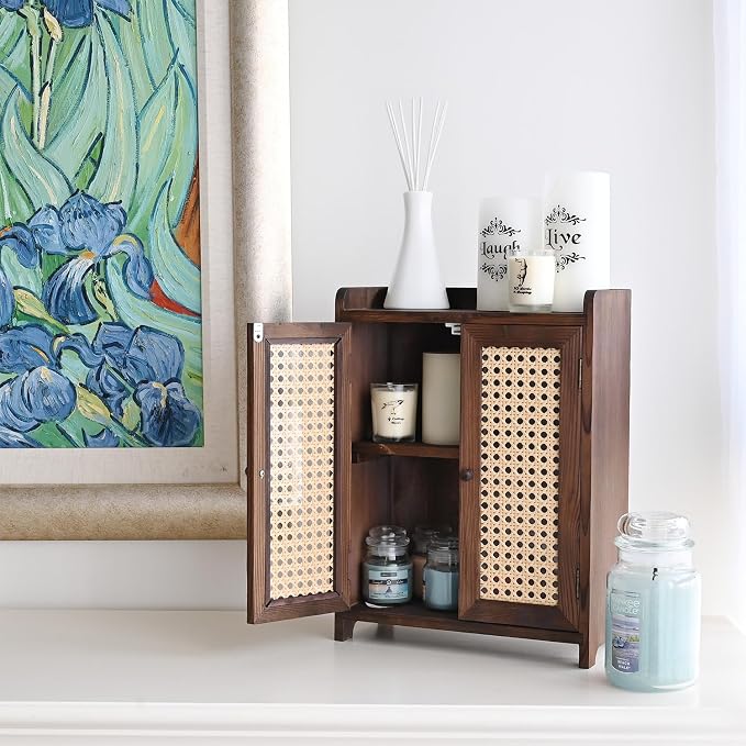 Ikee Design Wooden Countertop Storage Cabinet with Magnetic Rattan Doors, Kitchen Pantry Cabinet with Removable Shelves, Coffee, Snack, Cup Organizer, Dark Brown Color, 12.1W x 6.1D x 15.7H in