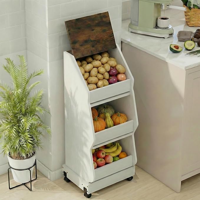 ARTETHYS Potato and Onion Storage Bin with Wheels Movable White Potato Box Holder for kitchen with Lid Onion Organizer with Grocery Section Decorative Vegetable Organization Cabinet