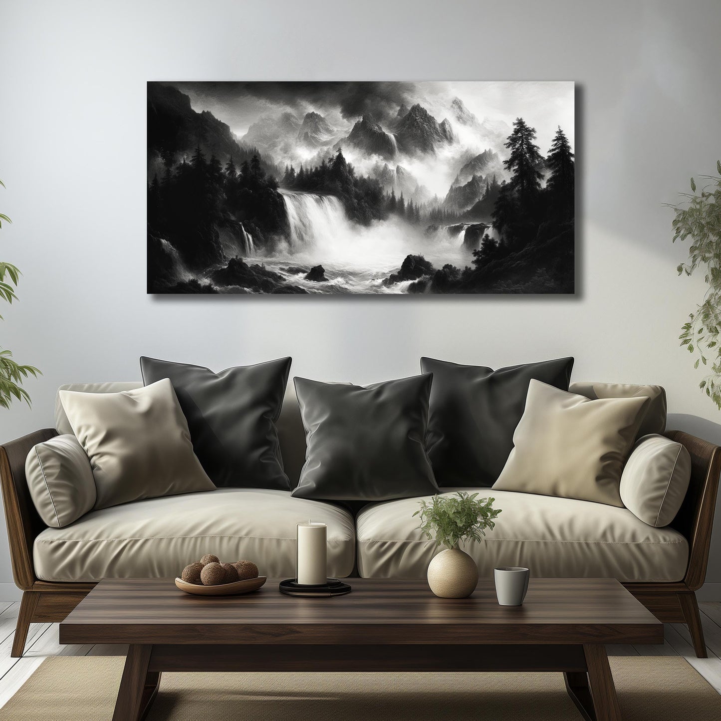 CPKATMT Waterfall Wall Art for Bedroom Black and White Tree Wall Decor for Office Natural Landscape Wall Pictures for Living Room 24 x 48 Inch