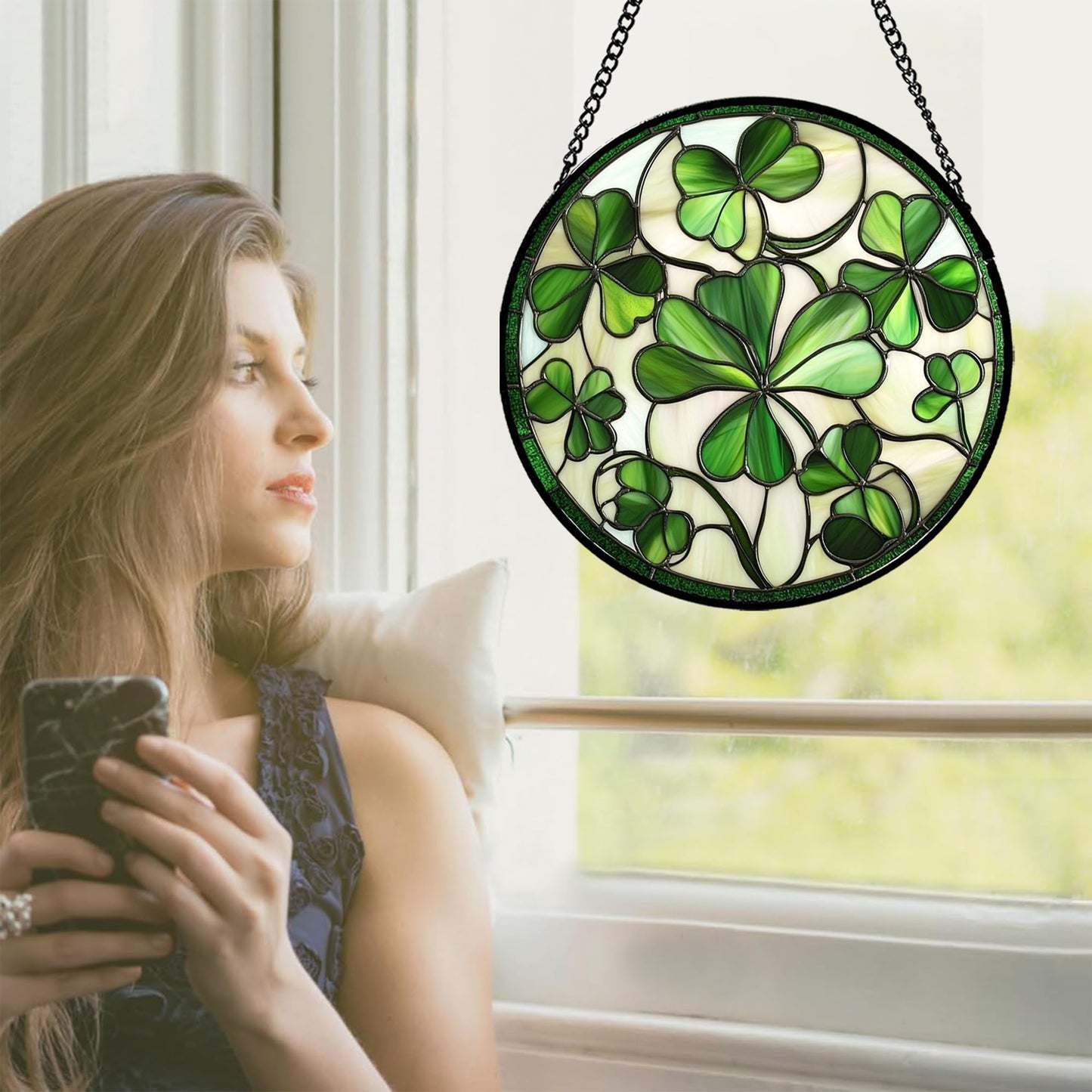 CRISGIF Stained Glass Window Hanging - Ireland Green Lucky Clover Suncatcher for Doors Garden St. Patrick's Day Sun Catchers Decor Mother's Day Birthday for Women Men Mom Nana 7.8 in