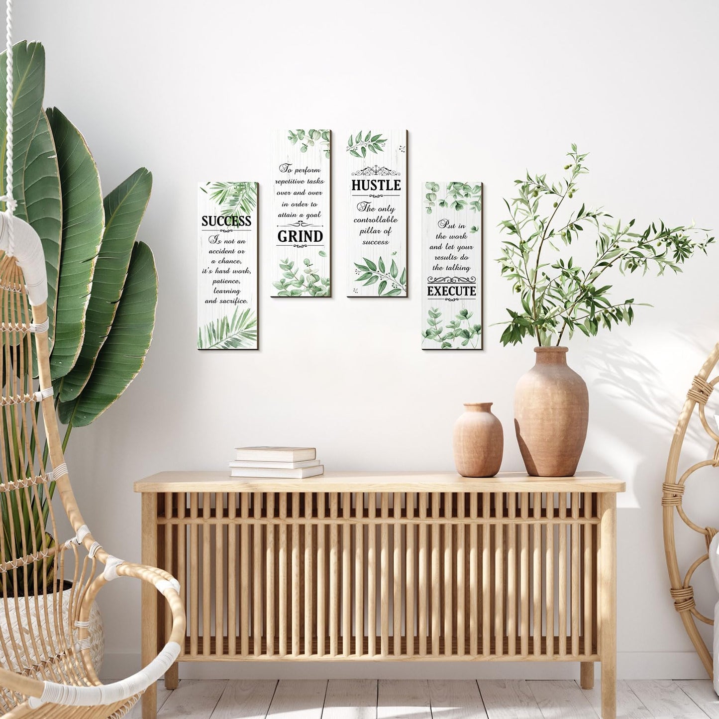 Honoson 4 Pcs Motivational Office Wall Decor Boho Wall Art Inspirational Hanging Wooden Plaques Sayings Rustic Motivational Quote Signs for Office Bedroom Living Room