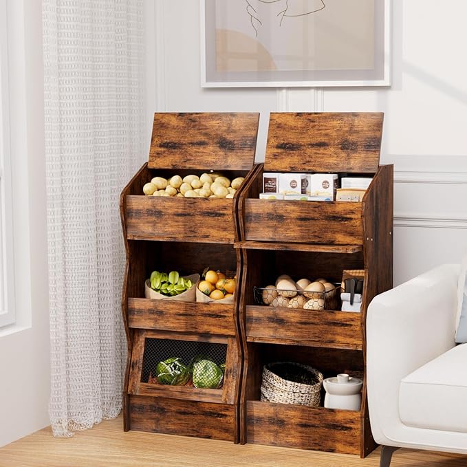 Potato and Onion Storage Bin with Lid, Root Vegetable Storage Rustic Bread Box for Kitchen Pantry, Wooden Bread Cabinet Fruit Storage Rack,Brown
