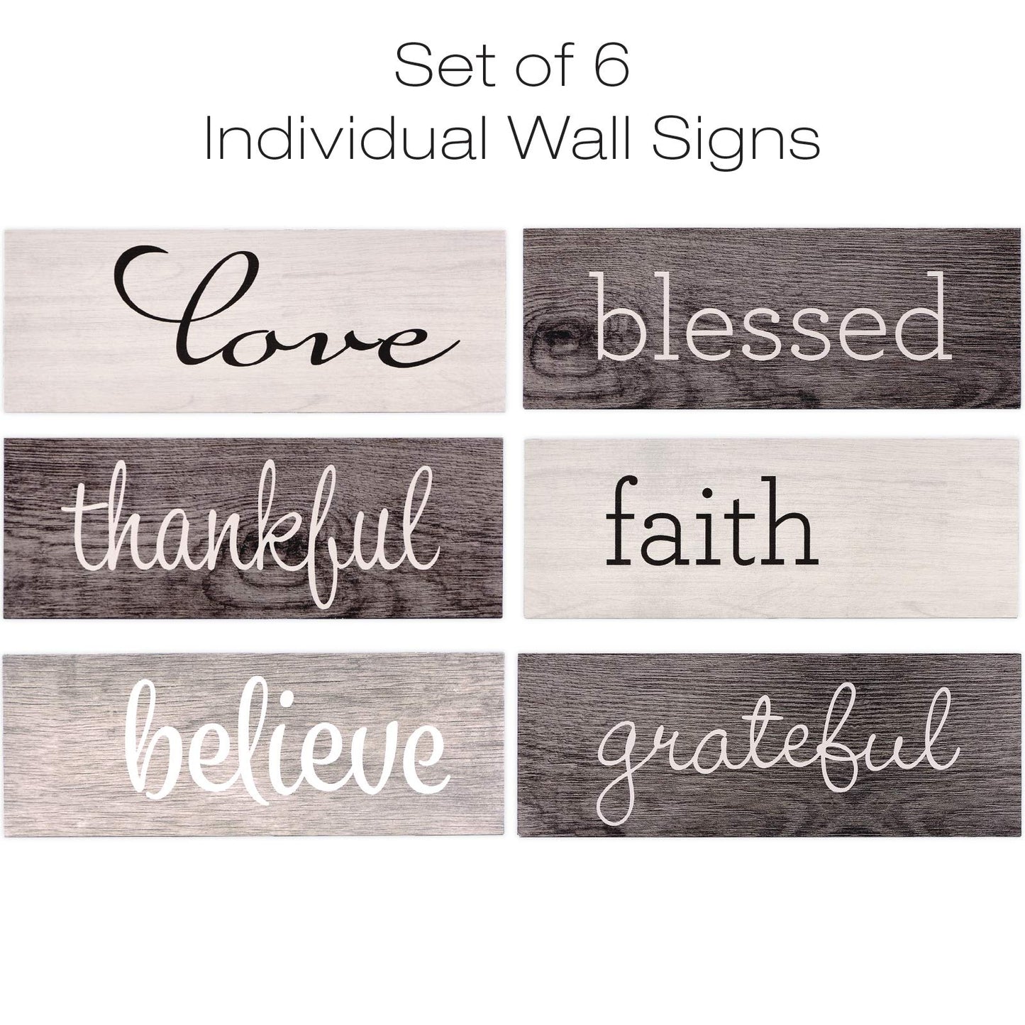 Excello Global Products Hanging Home Decor Sign with Sawtooth Hook and Jute Hanging Rope (Grateful, Love, Believe, Thankful, Faith, Blessed)