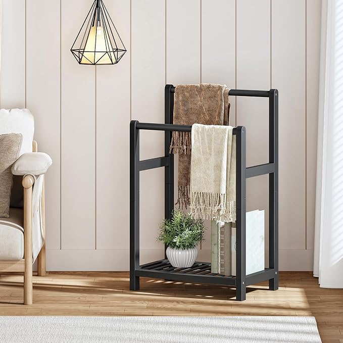 HOOBRO Freestanding Towel Rack for Bathroom, 2 Tier Decorative Bamboo Blanket Rack, Quilt Display Stand with Storage Shelf, 16.5" L x 9.4" W x 30.5" H, Bedroom, Living Room, Black BK02LB01